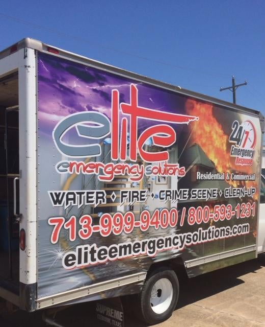 Elite Emergency Solutions box truck loaded with water extraction and drying equipment